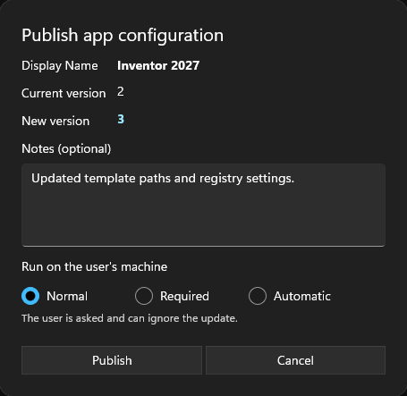 Publish app configuration dialog